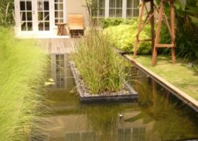 taman minimalis dengan pulau taman di tengah kolam.