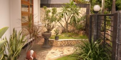 taman kecil dan elegan berbeda alas ground cover rumput batu alam.