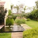 taman minimalis di halaman belakang, kolam bentuk segi empat, rumput australia, dan jalur setapak