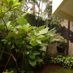 dinding dengan motif kontemporer dari batu alam di samping rumah.